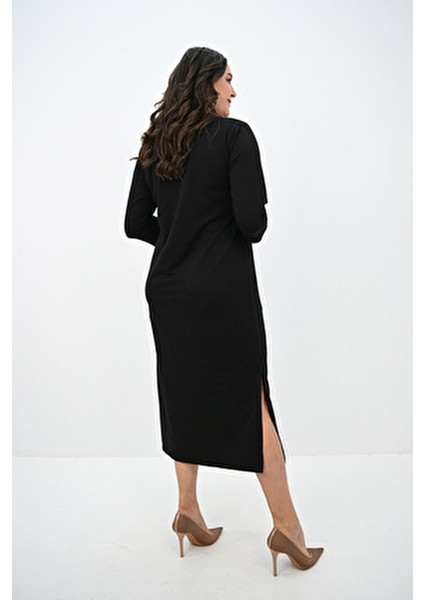 Kadın Büyük Beden Bel Bağlama Detaylı Siyah Elbise Şık ve Rahat Stil