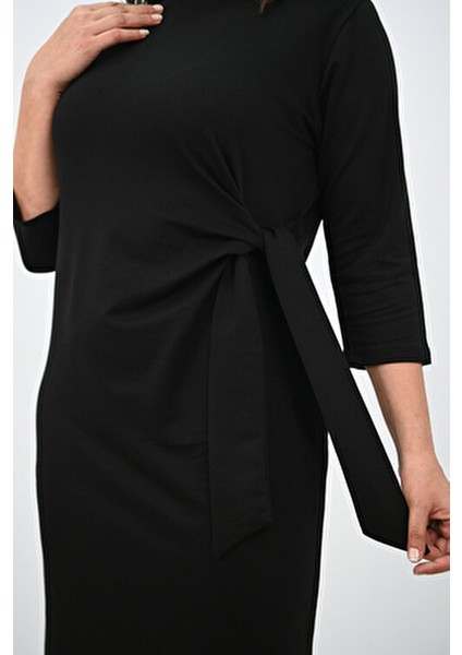 Kadın Büyük Beden Bel Bağlama Detaylı Siyah Elbise Şık ve Rahat Stil