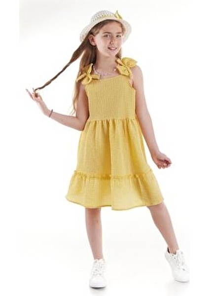 Kız Çocuk Elbisesi Şık Gofre Pitikare Tasarım Şapkalı Yazlık Konforlu
