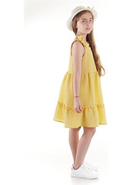 Kız Çocuk Elbisesi Şık Gofre Pitikare Tasarım Şapkalı Yazlık Konforlu