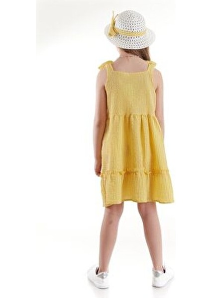 Kız Çocuk Elbisesi Şık Gofre Pitikare Tasarım Şapkalı Yazlık Konforlu