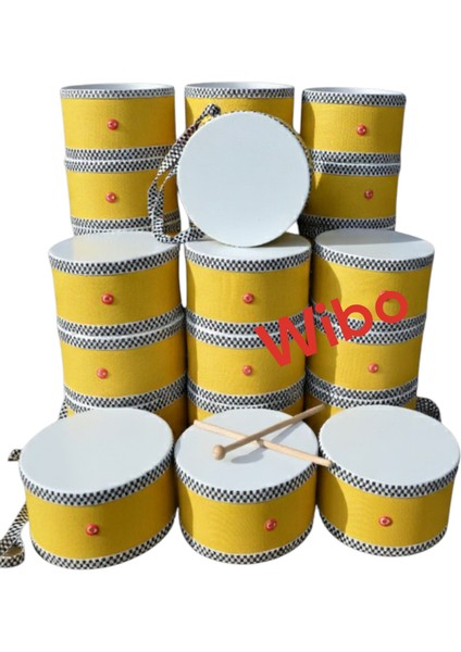 Askılı Ahşap Deri Çocuk Davulu Deri Davul 2 Tokmaklı 20 cm Sarı