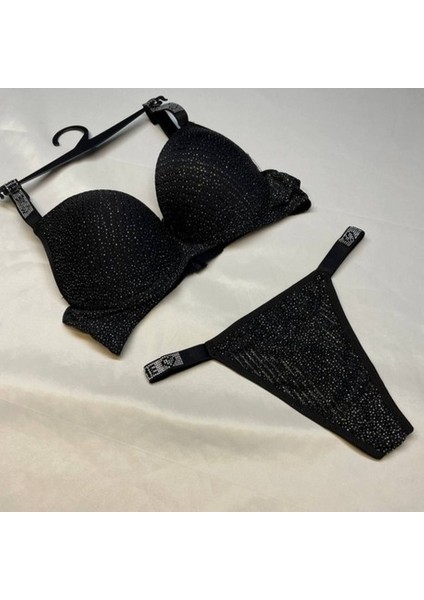 Hoppidi Serpme Simli Askısı Taş Detaylı Dolgulu Sutyen Takım Siyah