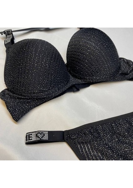 Hoppidi Serpme Simli Askısı Taş Detaylı Dolgulu Sutyen Takım Siyah fiyatları