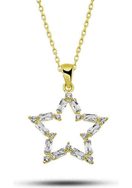 ​925 Ayar Gümüş Gold Baget Taşlı Yıldız Kadın Kolye