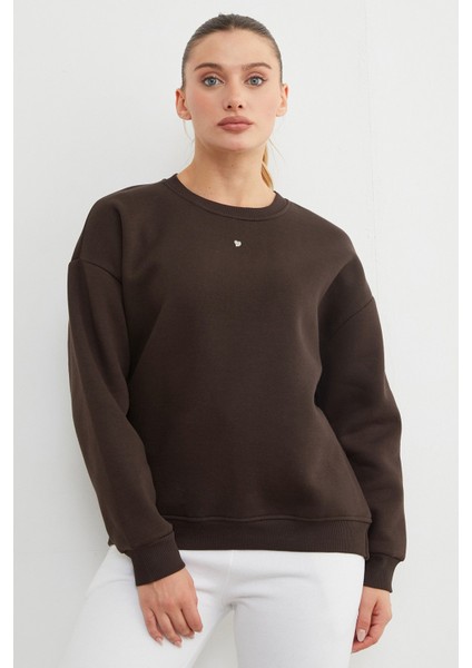 3 Iplik Taşlı Kalp Detaylı Oversize Sweatshirt