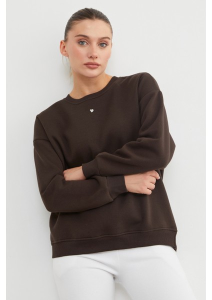 3 Iplik Taşlı Kalp Detaylı Oversize Sweatshirt