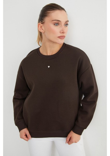 3 Iplik Taşlı Kalp Detaylı Oversize Sweatshirt