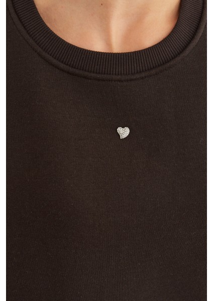 3 Iplik Taşlı Kalp Detaylı Oversize Sweatshirt