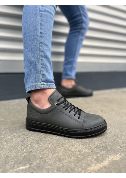 JY152 Cool Bağcıklı Cilt Erkek Günlük Spor Klasik Ayakkabı Cst - Füme