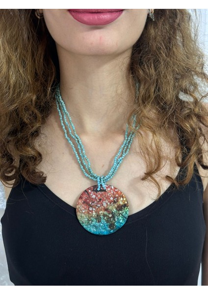 Turkuaz Boncuklu Sedef Uçlu Kadın Kolye 22 cm
