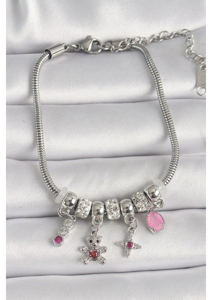 Pirinç Gümüş Renk Zincir Sallantı Zirkon Taşlı Ayıcık Figür Yıldız Detay Kadın Bileklik