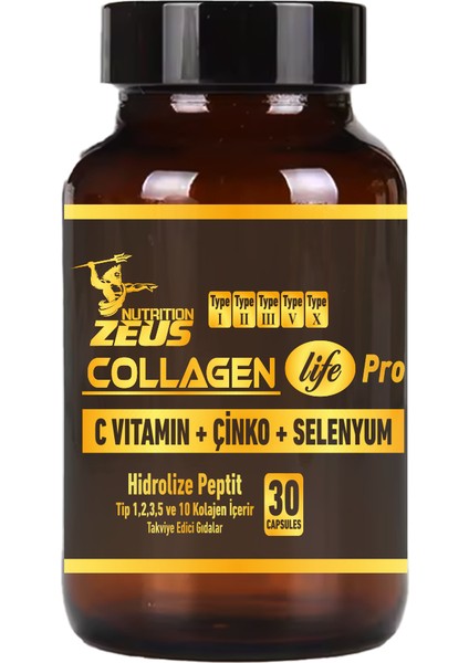 Zeus Nutrition Collagen Life 5 Tip Kolajen Tip 1, Tip 2, Tip 3, Tip 5 ,tip 10, ( Selenyum , C Vitamini ve Çinko ) 30 Kapsül
