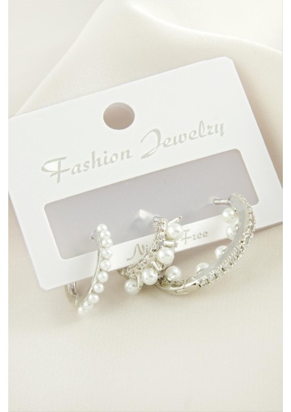 Wizard 3 Adet Çivi Inci Zirkon Taşlı Küpe-Gümüş Rengi