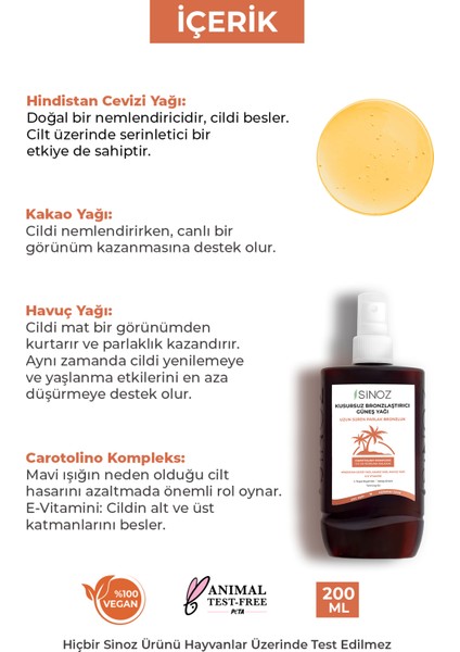 Kusursuz Bronzlaştırıcı Güneş Yağı Spreyi 200 ML Hindistan Cevizi Kakao Havuç Yağı İçeren modelleri