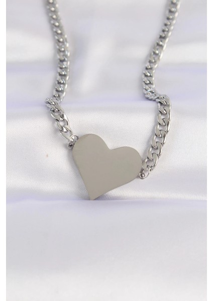 316L Çelik Zincir Gümüş Renk Düz Plaka Kalp Kolye