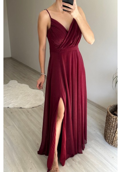 Kadın Işıltılı Askılı Yırtmaç Detayı Şifon Abiye Elbise NM002 fiyatları