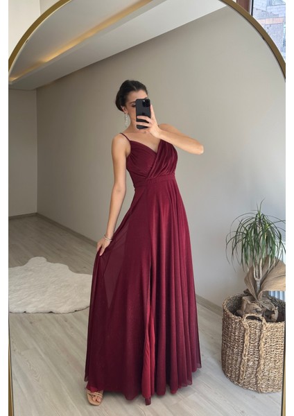 Kadın Işıltılı Askılı Yırtmaç Detayı Şifon Abiye Elbise NM002 fırsatları
