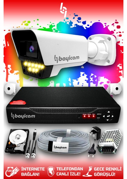 1 Kameralı Süper 1 Dış Kamera Set 250 GB 5 MP 2K Net Renkli Gece Görüşlü Güvenlik Kamerası Sistemi