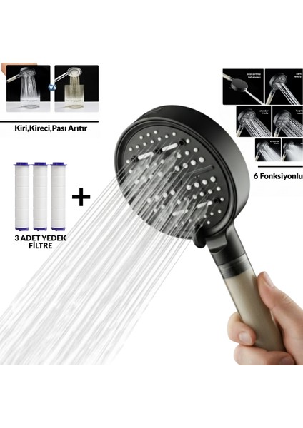 6 Fonksiyonlu Filtreli Duş Başlığı + 3 Adet Yedek Filtre – Yüksek Basınçlı Su Tasarruflu Banyo Başlığı