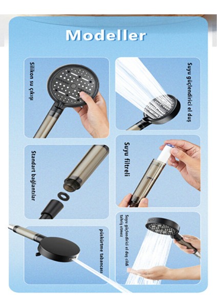 6 Fonksiyonlu Filtreli Duş Başlığı + 3 Adet Yedek Filtre – Yüksek Basınçlı Su Tasarruflu Banyo Başlığı modelleri