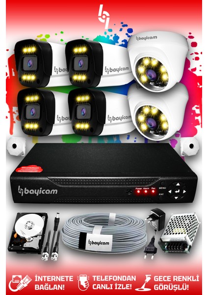 6 Kameralı Ultra 2 İç Kamera Set 500 GB 5 MP 2K Net Renkli Gece Görüşlü Güvenlik Kamerası Sistemi