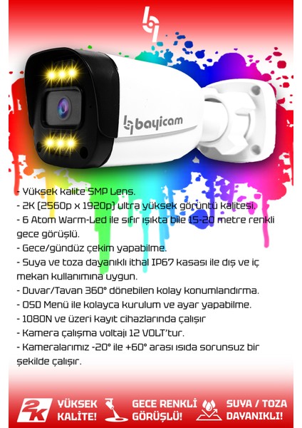 2 Kameralı Ultra 2 Dış Kamera Set 1 TB 5 MP 2K Net Renkli Gece Görüşlü Güvenlik Kamerası Sistemi fiyatları
