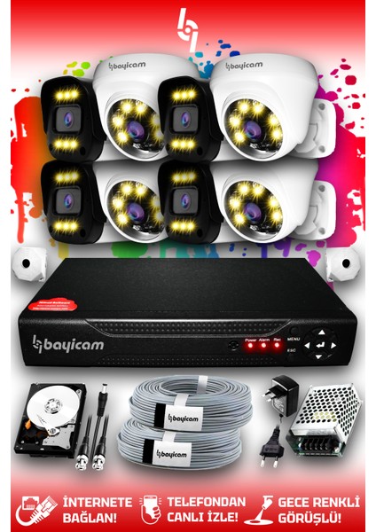 8 Kameralı Ultra 4 İç Kamera Set 320 GB 5 MP 2K Net Renkli Gece Görüşlü Güvenlik Kamerası Sistemi