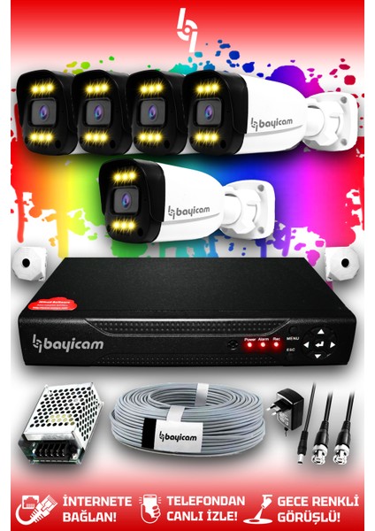 5 Kameralı Ultra 5 Dış Kamera Set HDD'siz 5 MP 2K Net Renkli Gece Görüşlü Güvenlik Kamerası Sistemi