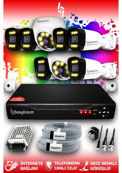8 Kameralı Ultra 2 İç Kamera Set HDD'siz 5 MP 2K Net Renkli Gece Görüşlü Güvenlik Kamerası Sistemi