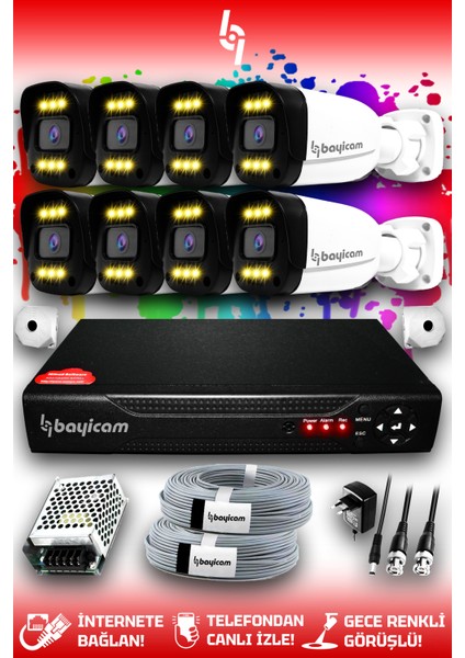 8 Kameralı Ultra 8 Dış Kamera Set HDD'siz 5 MP 2K Net Renkli Gece Görüşlü Güvenlik Kamerası Sistemi