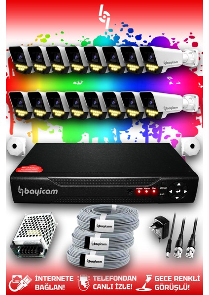 16 Kameralı Süper 16 Dış Kamera Set HDD'siz 5 MP 2K Net Renkli Gece Görüşlü Güvenlik Kamerası Sistemi