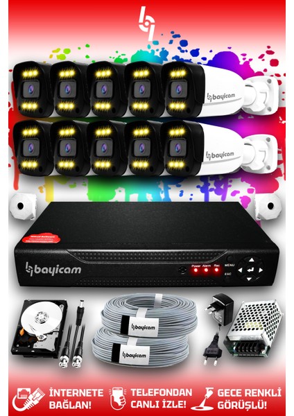 10 Kameralı Ultra 10 Dış Kamera Set 250 GB 5 MP 2K Net Renkli Gece Görüşlü Güvenlik Kamerası Sistemi