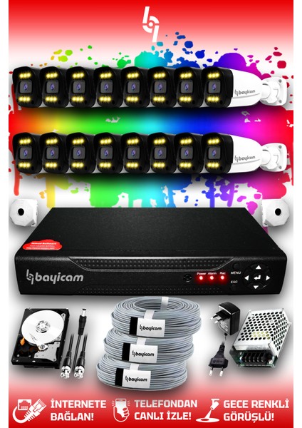 16 Kameralı Ultra 16 Dış Kamera Set 320 GB 5 MP 2K Net Renkli Gece Görüşlü Güvenlik Kamerası Sistemi