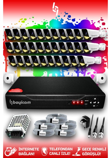 32 Kameralı Süper 32 Dış Kamera Set HDD'siz 5 MP 2K Net Renkli Gece Görüşlü Güvenlik Kamerası Sistemi