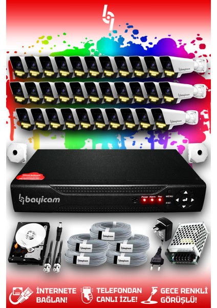 32 Kameralı Süper 32 Dış Kamera Set 100 GB 5 MP 2K Net Renkli Gece Görüşlü Güvenlik Kamerası Sistemi