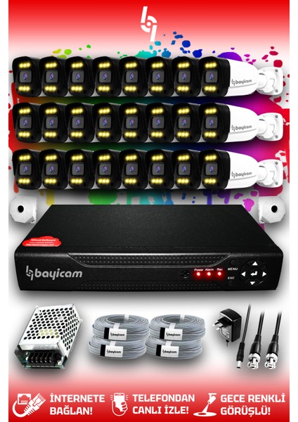 24 Kameralı Ultra 24 Dış Kamera Set HDD'siz 5 MP 2K Net Renkli Gece Görüşlü Güvenlik Kamerası Sistemi