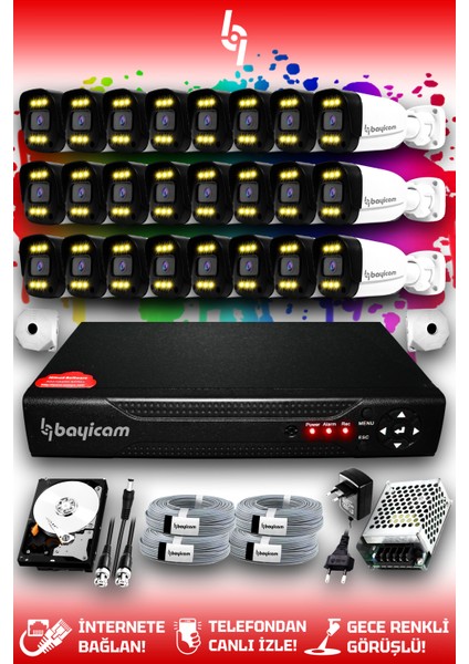 24 Kameralı Ultra 24 Dış Kamera Set 2 TB 5 MP 2K Net Renkli Gece Görüşlü Güvenlik Kamerası Sistemi