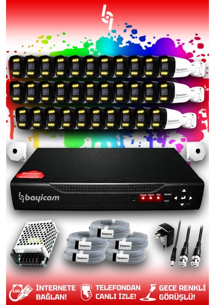 32 Kameralı Ultra 32 Dış Kamera Set HDD'siz 5 MP 2K Net Renkli Gece Görüşlü Güvenlik Kamerası Sistemi