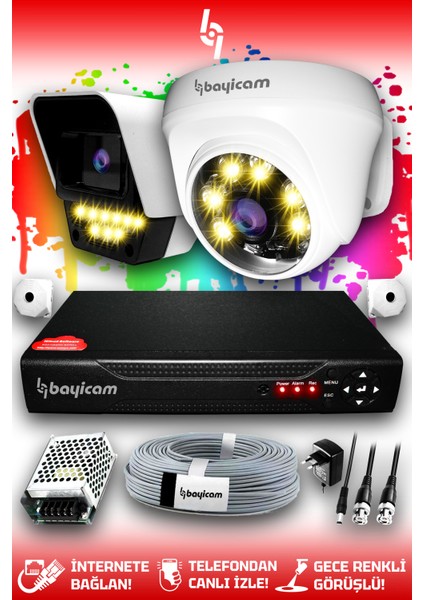 2 Kameralı Süper 1 İç Kamera Set HDD'siz 5 MP 2K Net Renkli Gece Görüşlü Güvenlik Kamerası Sistemi