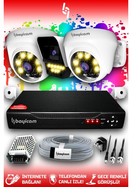 3 Kameralı Süper 2 İç Kamera Set HDD'siz 5 MP 2K Net Renkli Gece Görüşlü Güvenlik Kamerası Sistemi
