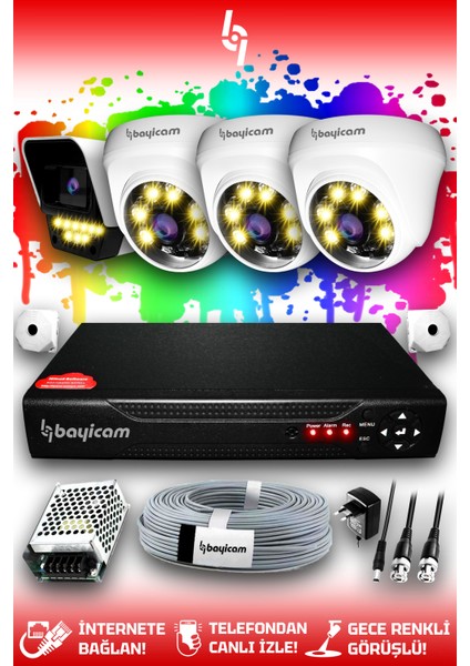 4 Kameralı Süper 3 İç Kamera Set HDD'siz 5 MP 2K Net Renkli Gece Görüşlü Güvenlik Kamerası Sistemi