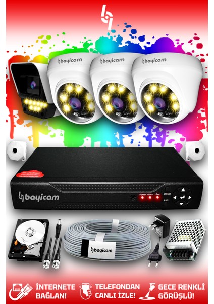 4 Kameralı Süper 3 İç Kamera Set 2 TB 5 MP 2K Net Renkli Gece Görüşlü Güvenlik Kamerası Sistemi