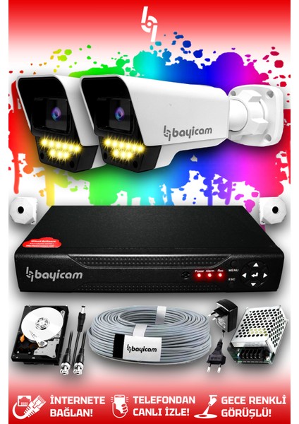 2 Kameralı Süper 2 Dış Kamera Set 1 TB 5 MP 2K Net Renkli Gece Görüşlü Güvenlik Kamerası Sistemi