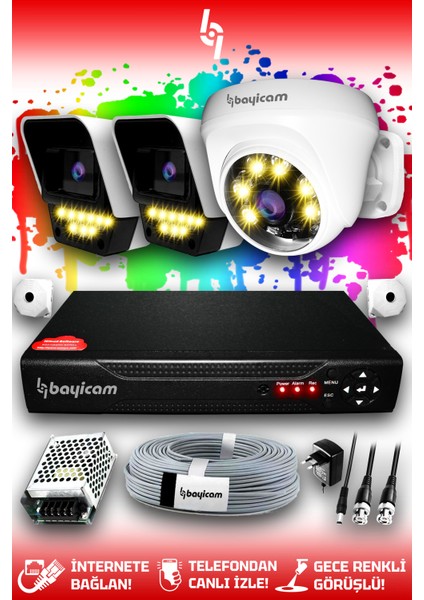 3 Kameralı Süper 1 İç Kamera Set HDD'siz 5 MP 2K Net Renkli Gece Görüşlü Güvenlik Kamerası Sistemi