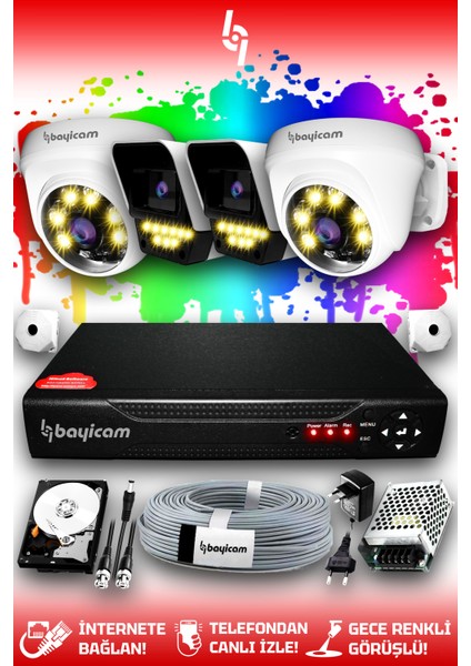 4 Kameralı Süper 2 İç Kamera Set 2 TB 5 MP 2K Net Renkli Gece Görüşlü Güvenlik Kamerası Sistemi