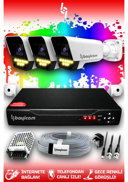 3 Kameralı Süper 3 Dış Kamera Set HDD'siz 5 MP 2K Net Renkli Gece Görüşlü Güvenlik Kamerası Sistemi