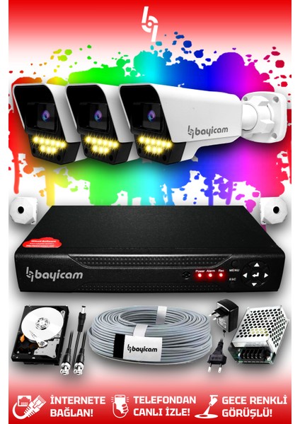 3 Kameralı Süper 3 Dış Kamera Set 320 GB 5 MP 2K Net Renkli Gece Görüşlü Güvenlik Kamerası Sistemi