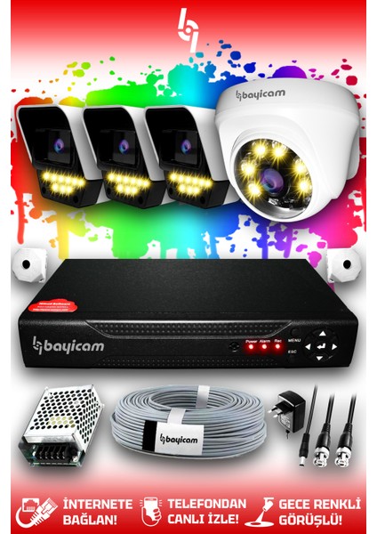 4 Kameralı Süper 1 İç Kamera Set HDD'siz 5 MP 2K Net Renkli Gece Görüşlü Güvenlik Kamerası Sistemi