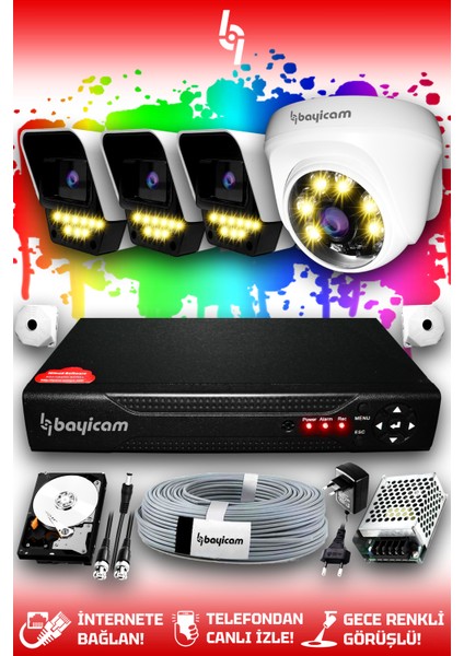 4 Kameralı Süper 1 İç Kamera Set 250 GB 5 MP 2K Net Renkli Gece Görüşlü Güvenlik Kamerası Sistemi